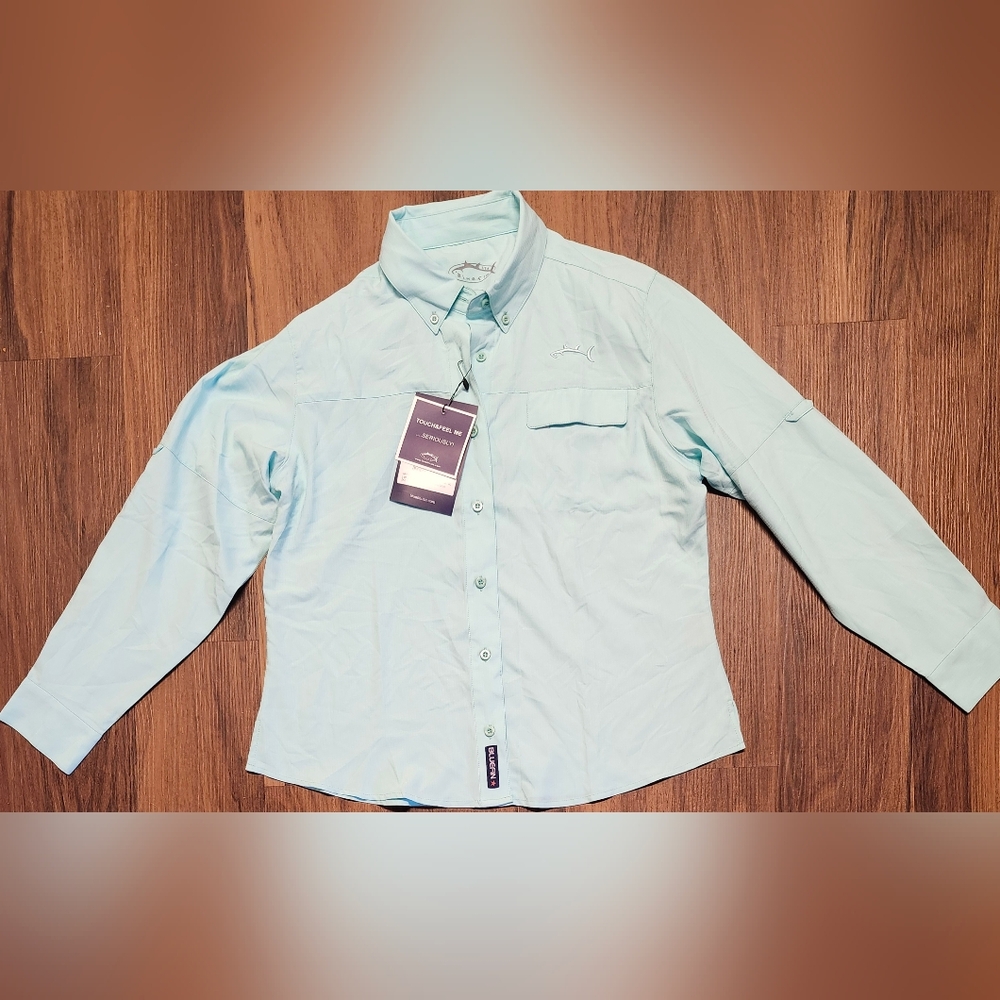 NWT Womens Sz L Bluefin Aqua Button Up Performance Solid Sport Shirt-RARE FIND